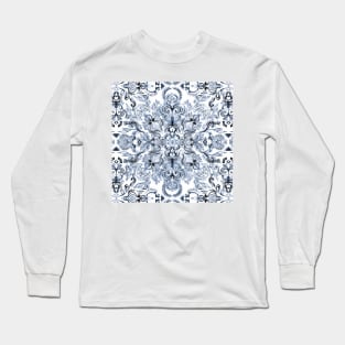 Indigo, Navy Blue and White Calligraphy Doodle Pattern Long Sleeve T-Shirt